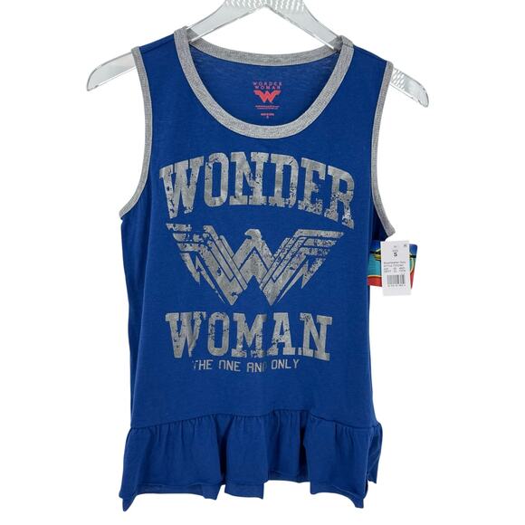 Wonder Woman Size Small Blue Ruffle Hem Tank Top Sleep Shirt NEW - Picture 1 of 7
